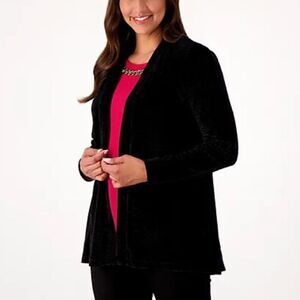 Susan Graver Occasions Pleated Velvet Open Front Long Sleeve Cardigan